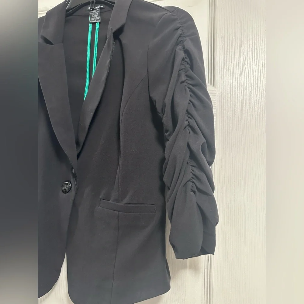 Stoosh women's black blazer 3/4 ruched sleeves stretchy fabric size M - Picture 3 of 9